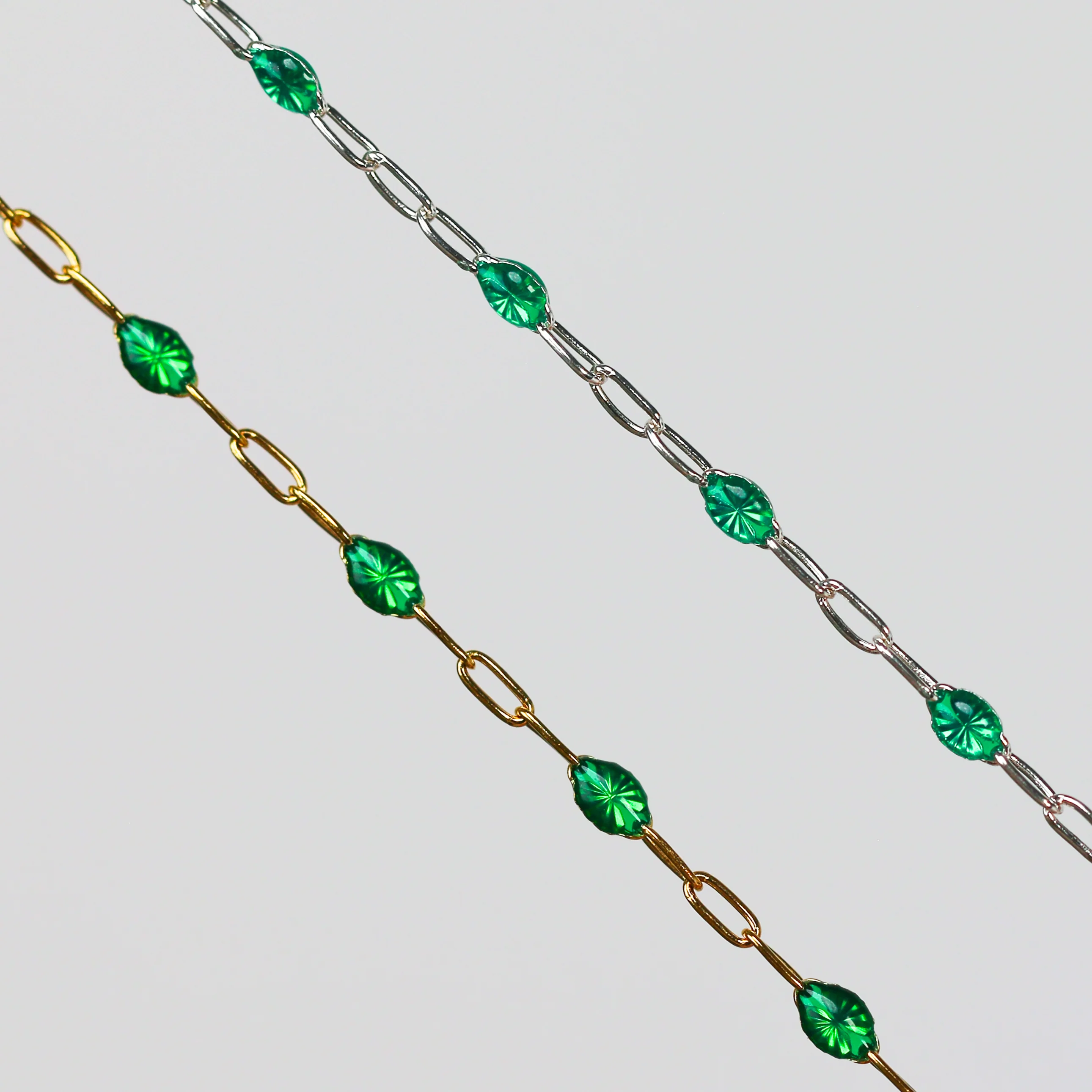 Esmerelda Permanent Jewelry Chain, Emerald Green Enamel Design, Cable Links, Available in Gold Filled and Sterling Silver