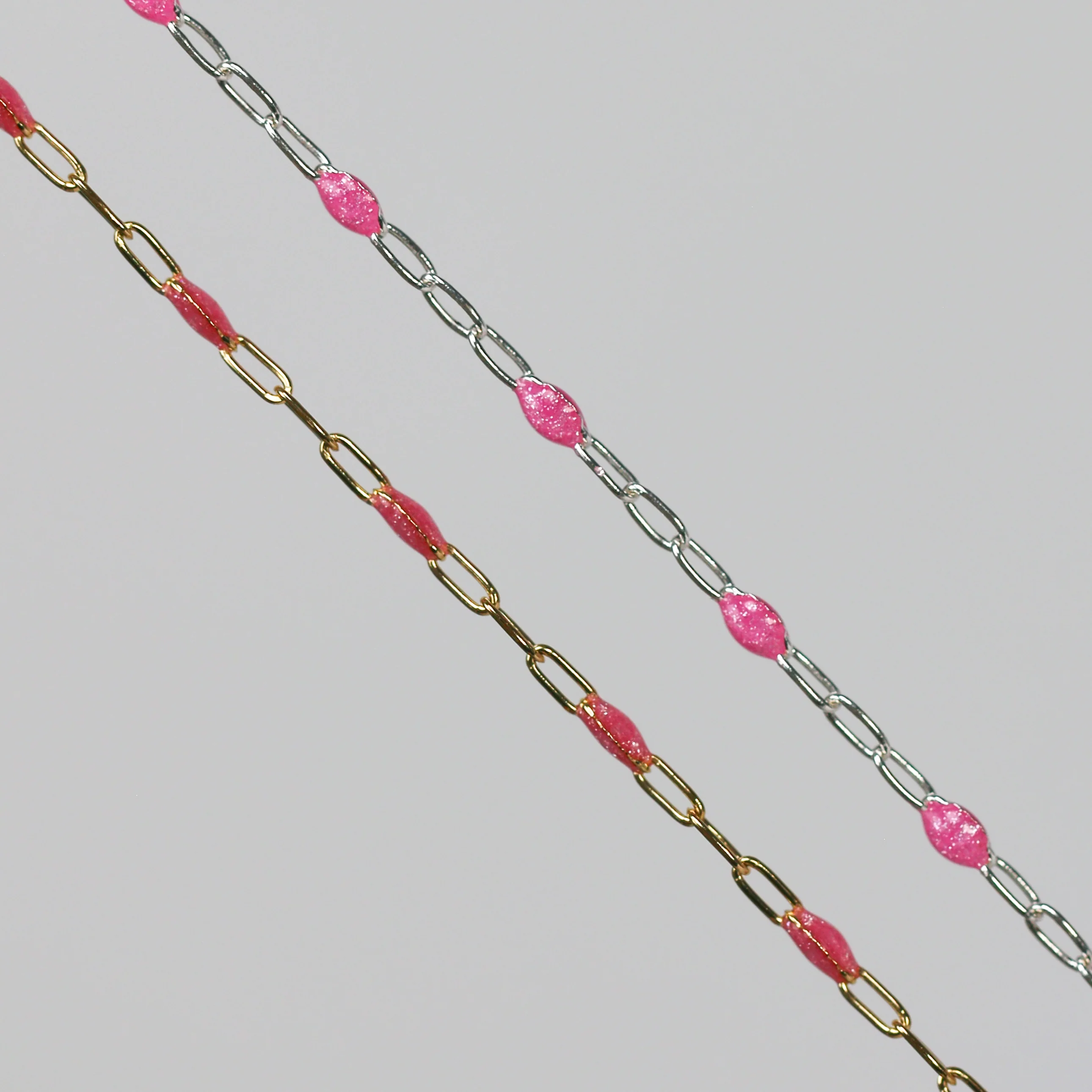 Lavinia Permanent Jewelry Chain, Pink Enamel Design, Cable Links, Available in Gold Filled and Sterling Silver
